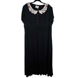 Vintage Crinkle Maxi Dress Black 16 Crochet Floral Lace Cottage